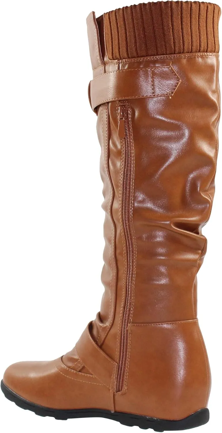 SOBEYO Women's Knee High Boots Ruched Knit Cuff Double Straps Buckles