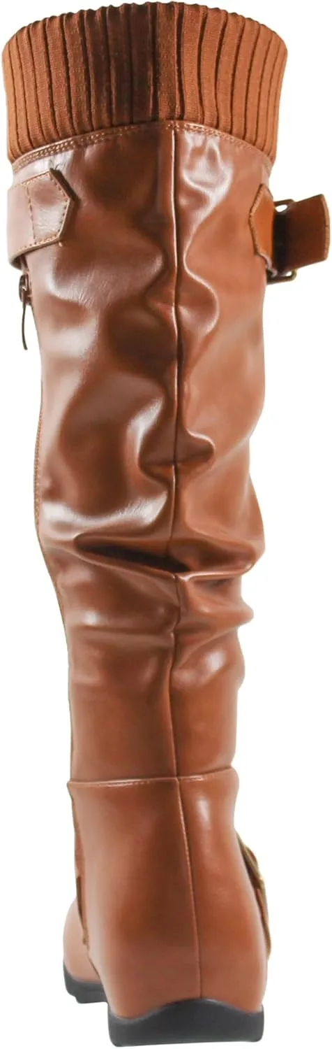SOBEYO Women's Knee High Boots Ruched Knit Cuff Double Straps Buckles