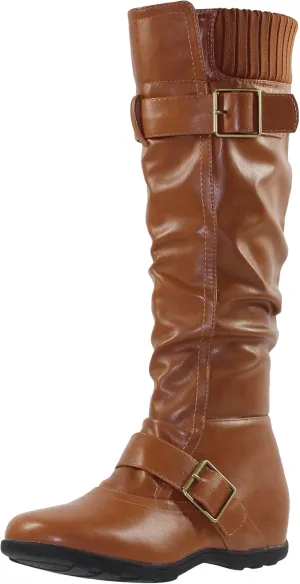 SOBEYO Women's Knee High Boots Ruched Knit Cuff Double Straps Buckles