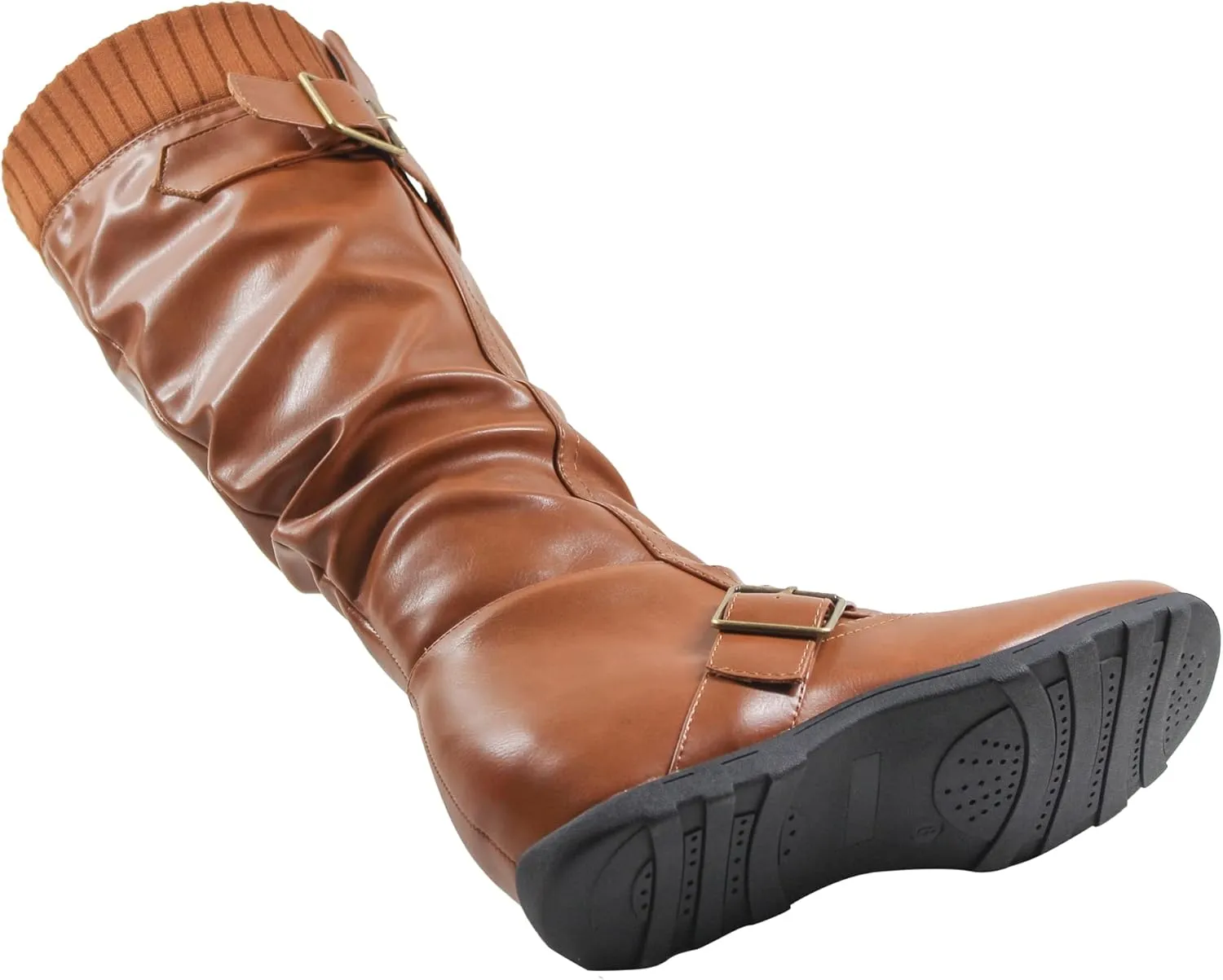 SOBEYO Women's Knee High Boots Ruched Knit Cuff Double Straps Buckles