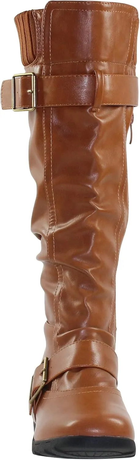 SOBEYO Women's Knee High Boots Ruched Knit Cuff Double Straps Buckles