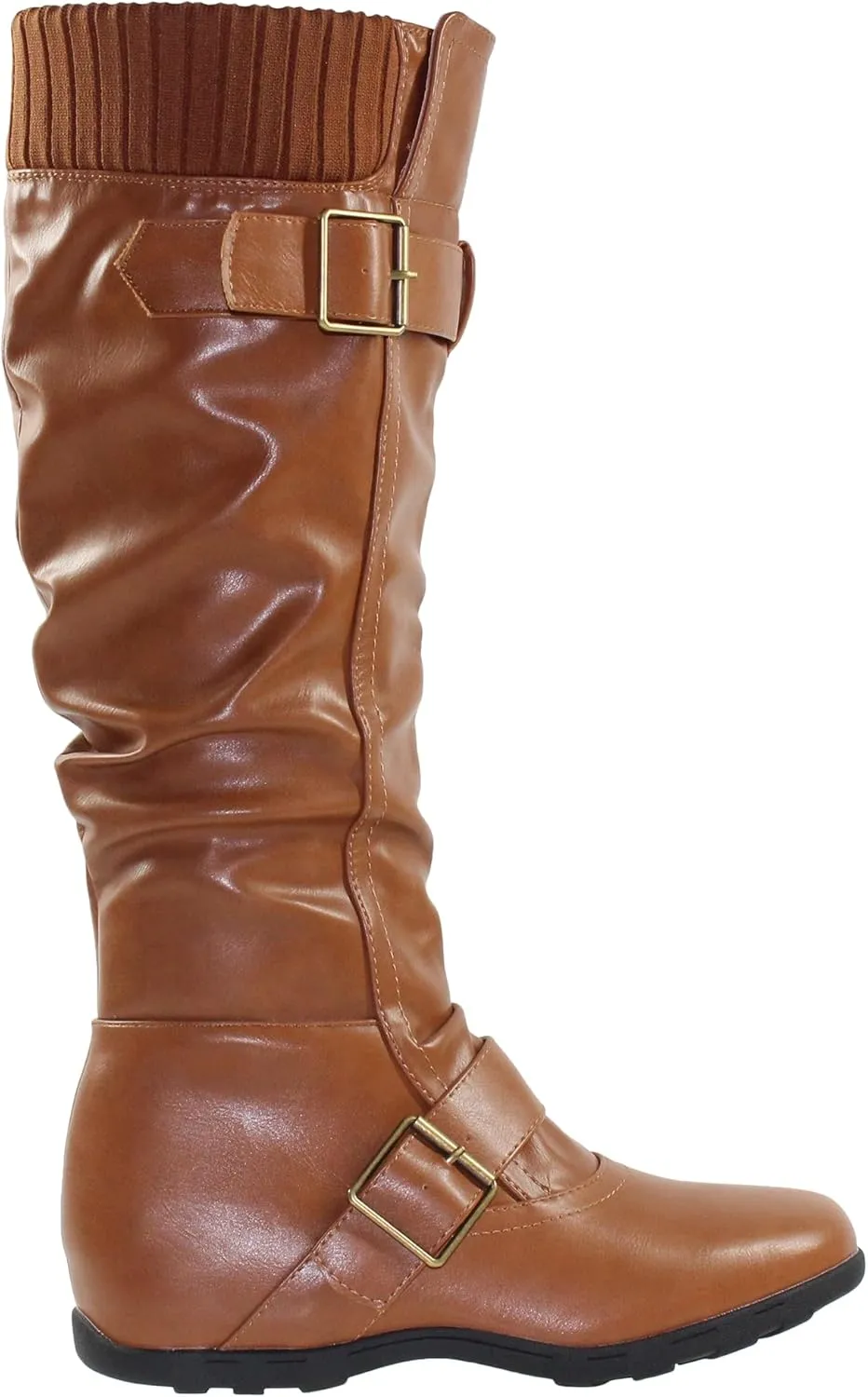 SOBEYO Women's Knee High Boots Ruched Knit Cuff Double Straps Buckles