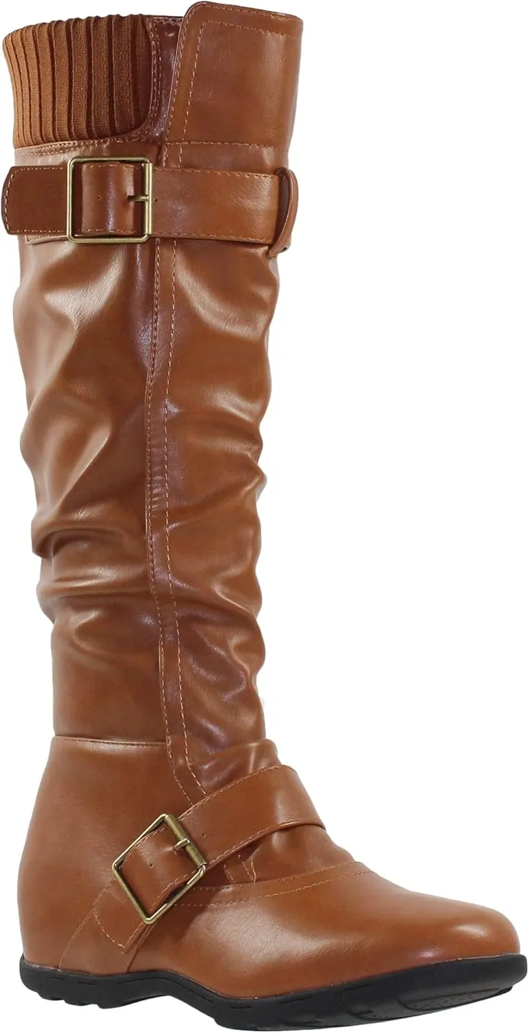 SOBEYO Women's Knee High Boots Ruched Knit Cuff Double Straps Buckles