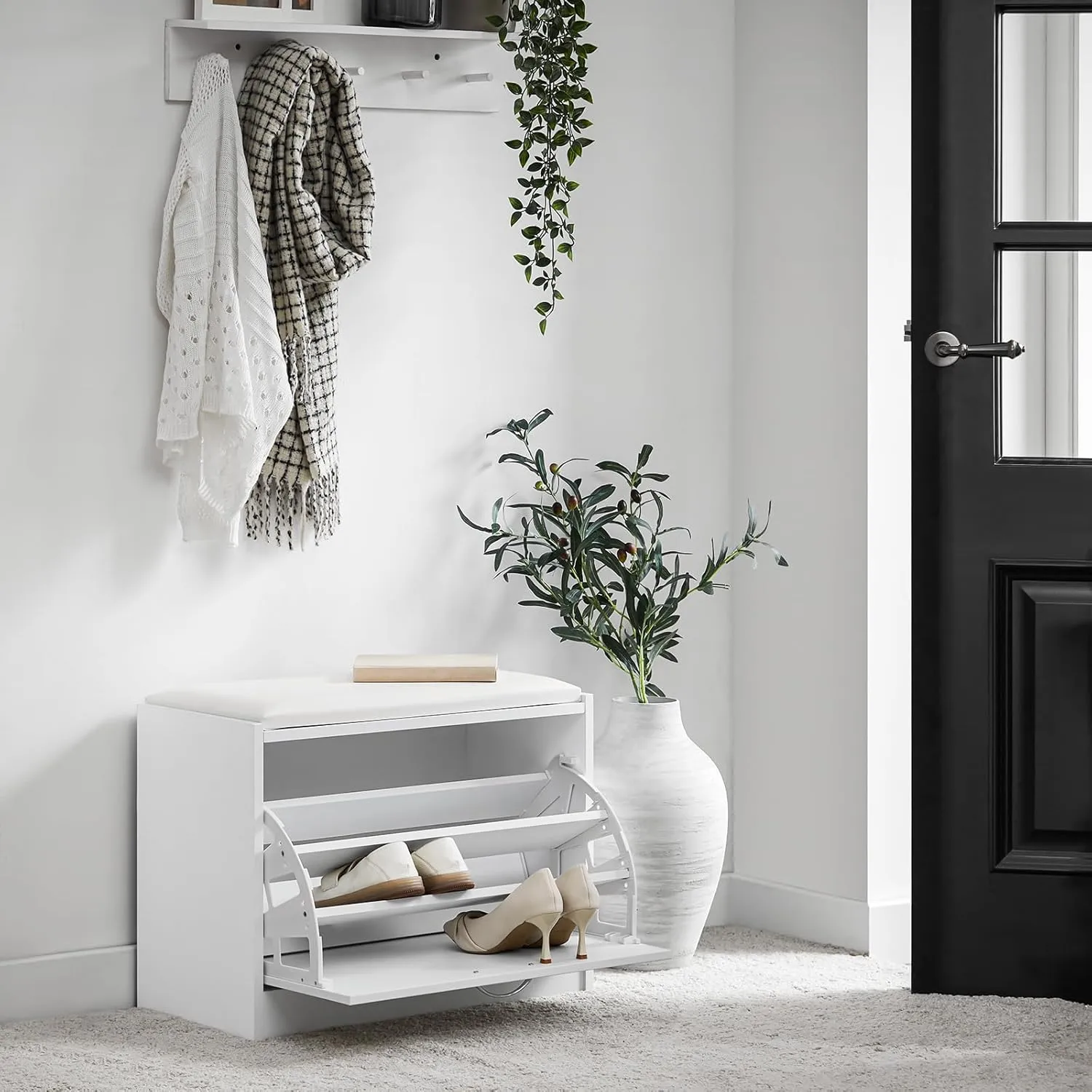 SoBuy Entryway Shoe Storage Bench Cabinet,Narrow Shoe Rack with Lift Up Bench Top and White Padded Cushion, Mudroom Hallway, FSR16-W