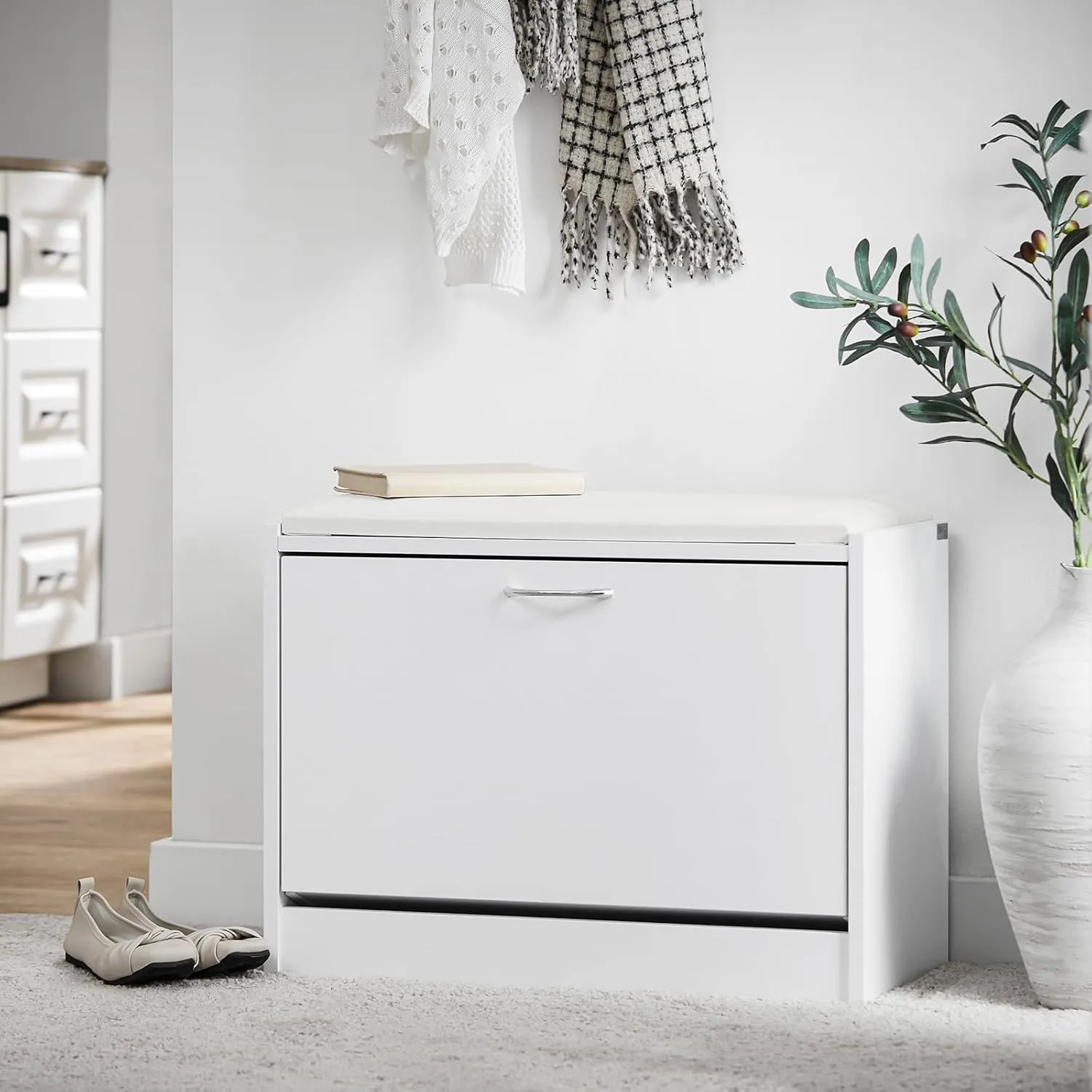 SoBuy Entryway Shoe Storage Bench Cabinet,Narrow Shoe Rack with Lift Up Bench Top and White Padded Cushion, Mudroom Hallway, FSR16-W