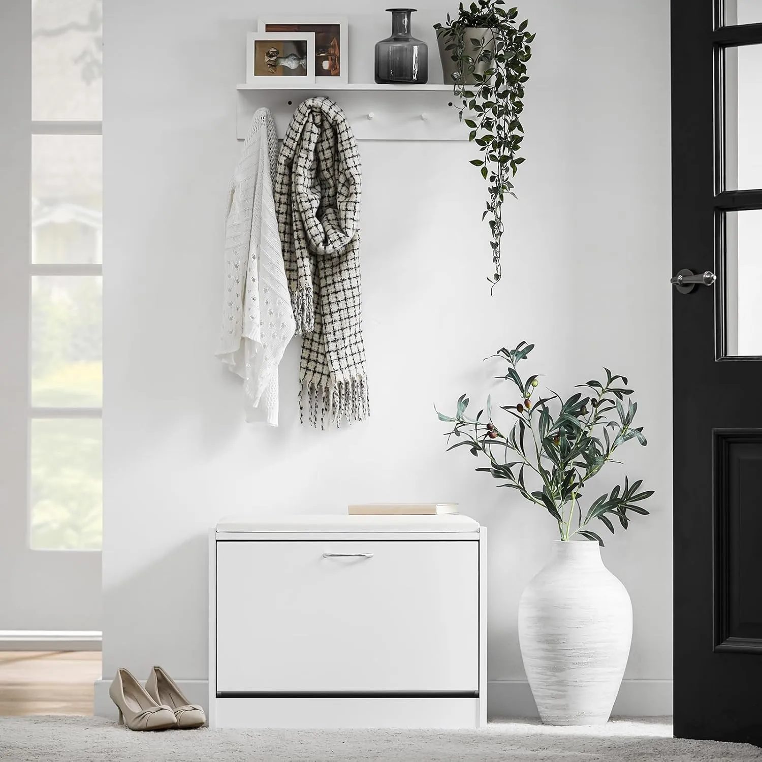 SoBuy Entryway Shoe Storage Bench Cabinet,Narrow Shoe Rack with Lift Up Bench Top and White Padded Cushion, Mudroom Hallway, FSR16-W