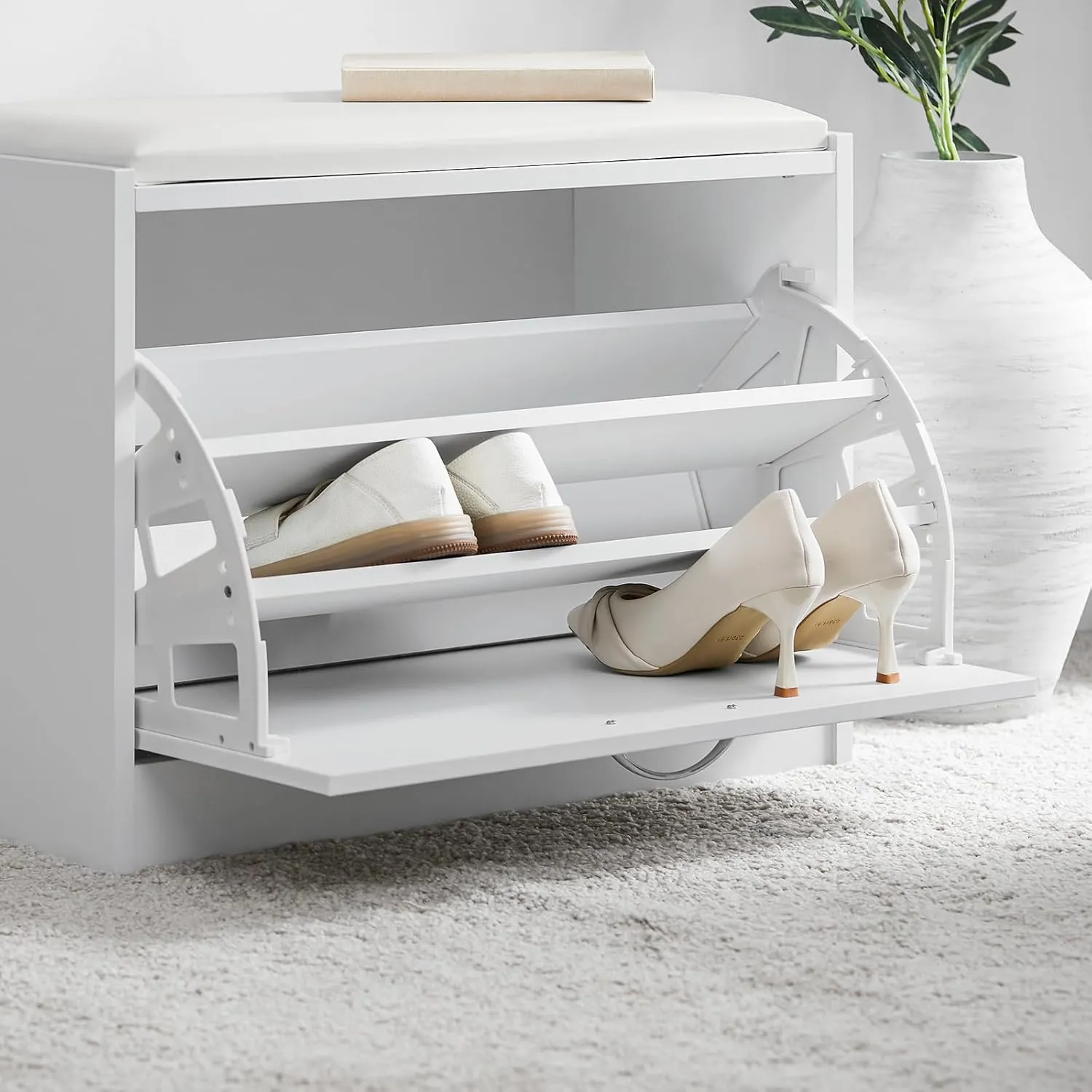 SoBuy Entryway Shoe Storage Bench Cabinet,Narrow Shoe Rack with Lift Up Bench Top and White Padded Cushion, Mudroom Hallway, FSR16-W