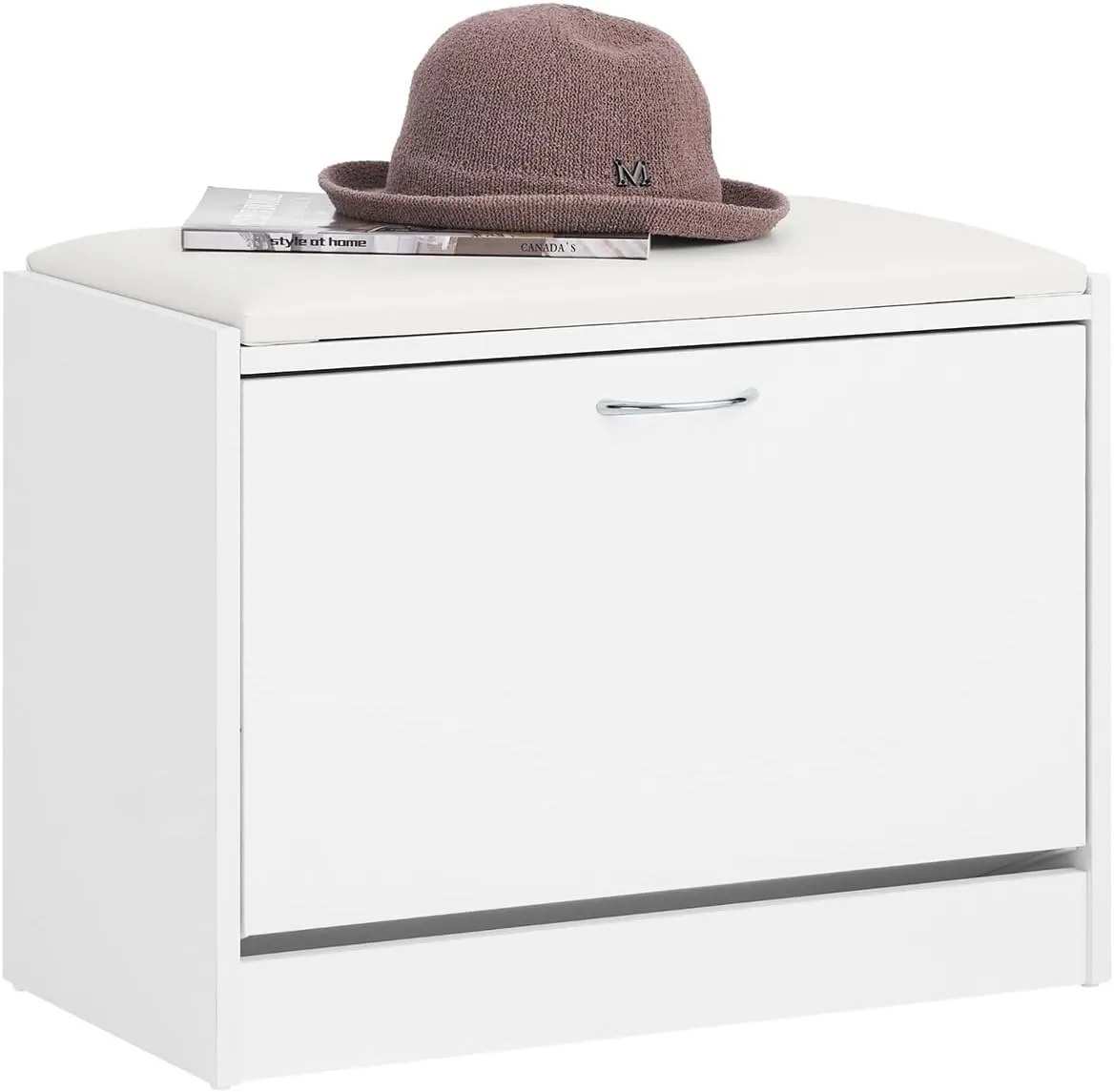 SoBuy Entryway Shoe Storage Bench Cabinet,Narrow Shoe Rack with Lift Up Bench Top and White Padded Cushion, Mudroom Hallway, FSR16-W