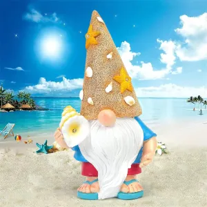 Solar Beach Gnome Decor,9.84''H Garden Gnomes, Garden Sculptures & Statues with Unique Sandcastle Hat, Solar Garden Decor for Mother's Day