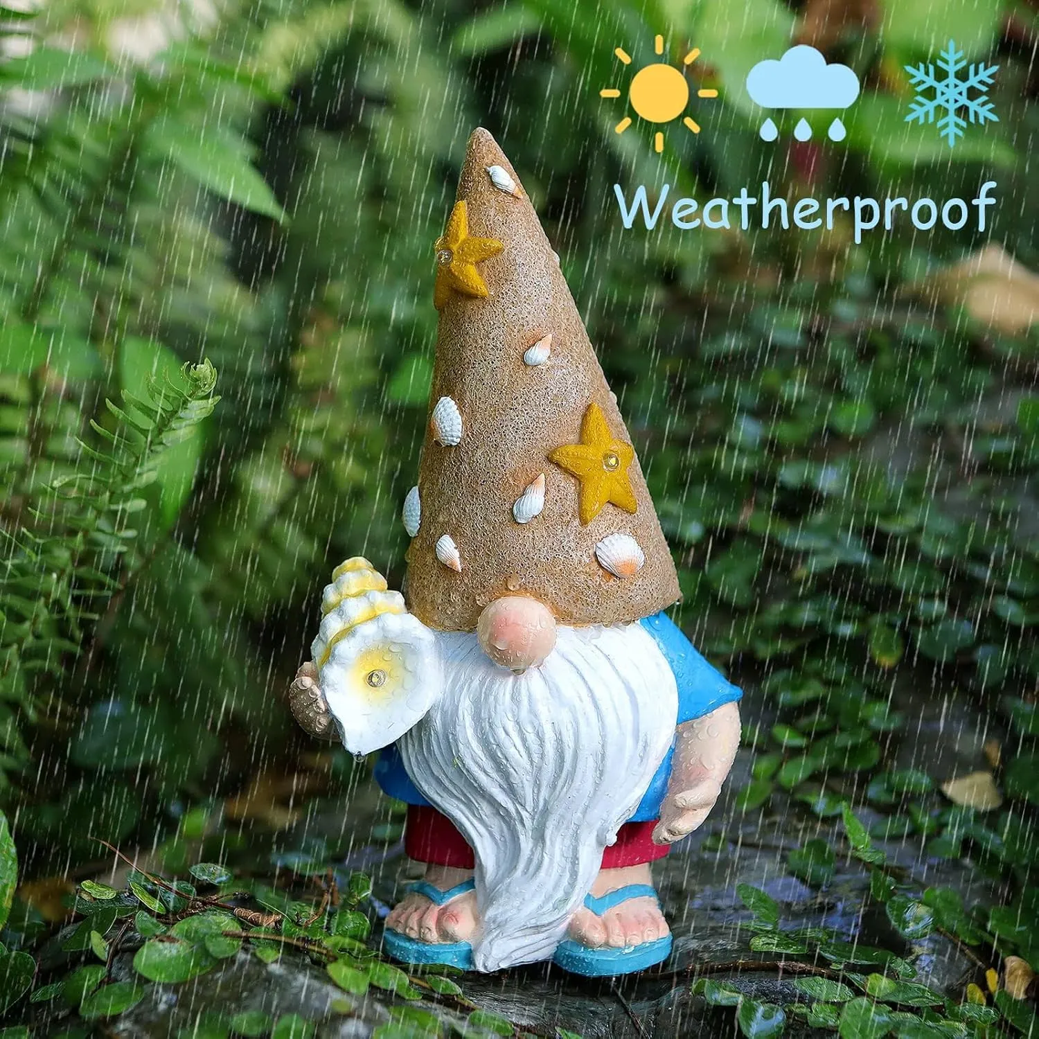 Solar Beach Gnome Decor,9.84''H Garden Gnomes, Garden Sculptures & Statues with Unique Sandcastle Hat, Solar Garden Decor for Mother's Day