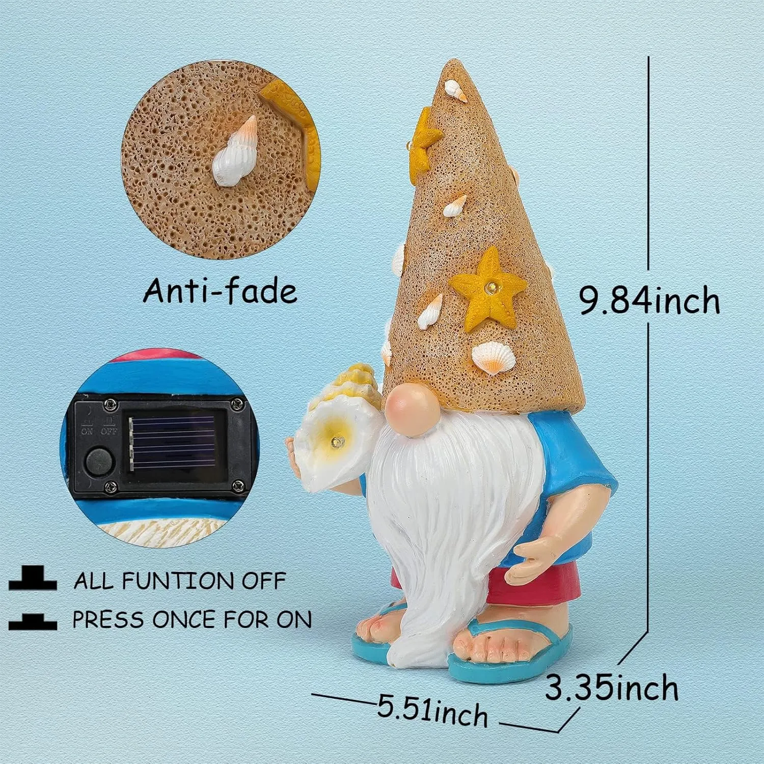 Solar Beach Gnome Decor,9.84''H Garden Gnomes, Garden Sculptures & Statues with Unique Sandcastle Hat, Solar Garden Decor for Mother's Day