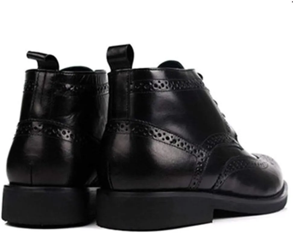 Solid Color Casual Ankle Boot for MenGenuine Leather Work Boot Lace Up Brogue Carving Block Heel