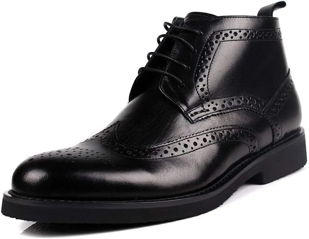 Solid Color Casual Ankle Boot for MenGenuine Leather Work Boot Lace Up Brogue Carving Block Heel