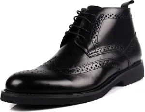 Solid Color Casual Ankle Boot for MenGenuine Leather Work Boot Lace Up Brogue Carving Block Heel