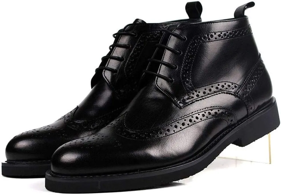 Solid Color Casual Ankle Boot for MenGenuine Leather Work Boot Lace Up Brogue Carving Block Heel