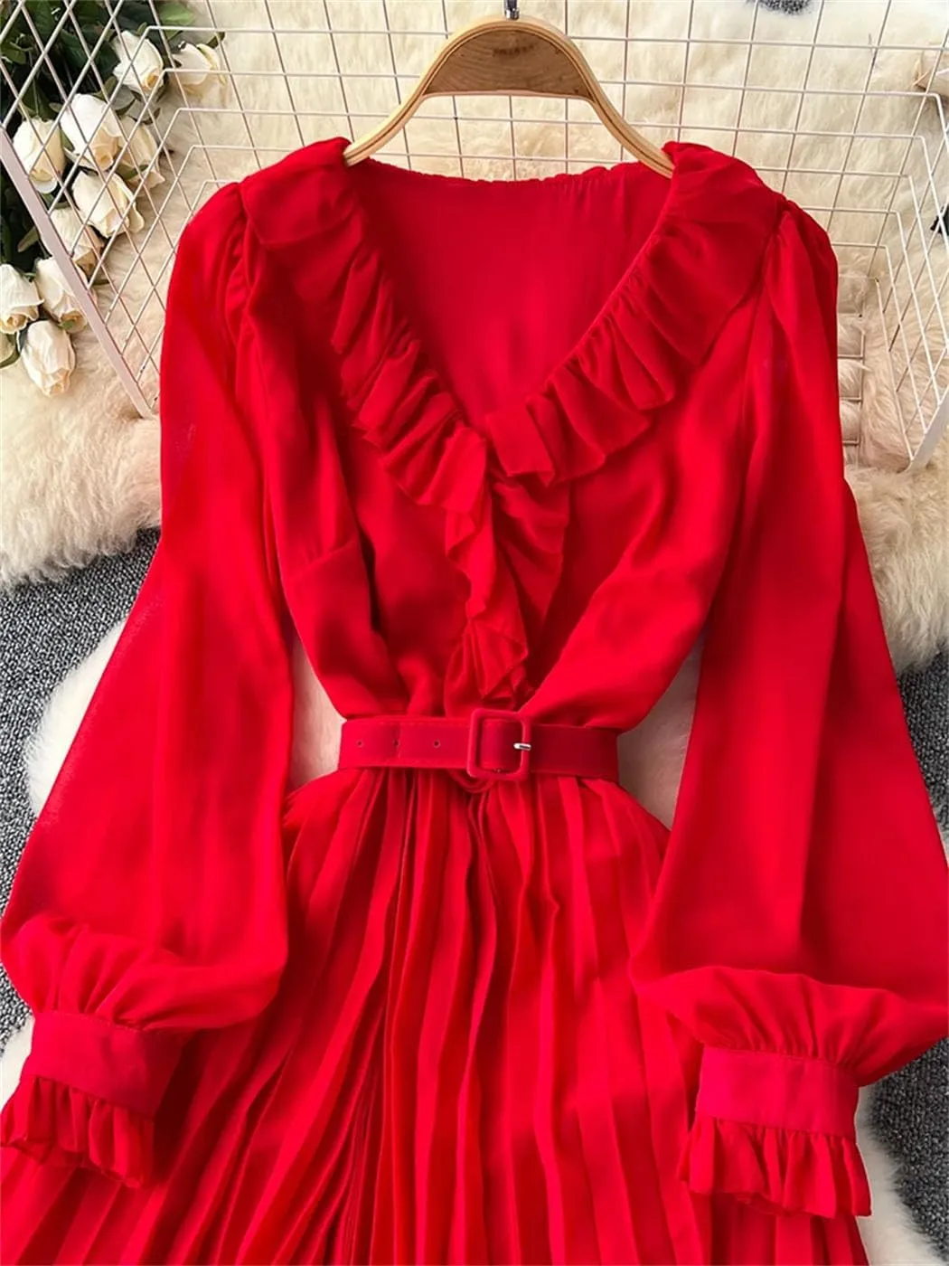 Spring Elegant Dress for Women French Mushrooms Edged Loose Chiffon Long Sleeve Long Dresses