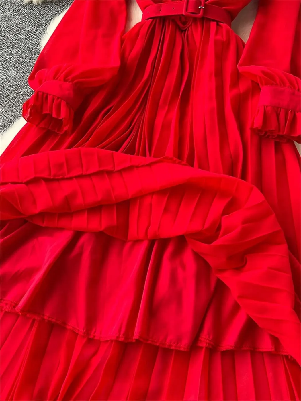 Spring Elegant Dress for Women French Mushrooms Edged Loose Chiffon Long Sleeve Long Dresses