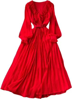 Spring Elegant Dress for Women French Mushrooms Edged Loose Chiffon Long Sleeve Long Dresses