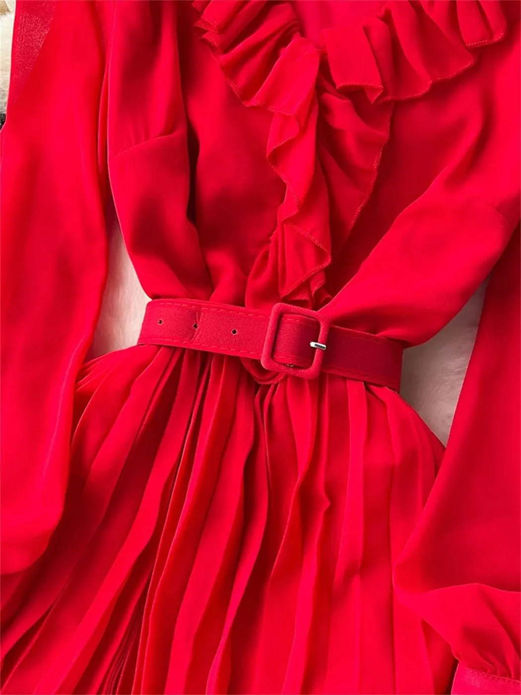 Spring Elegant Dress for Women French Mushrooms Edged Loose Chiffon Long Sleeve Long Dresses