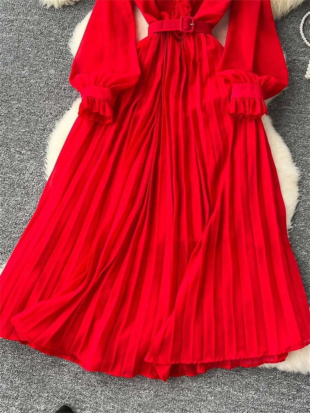 Spring Elegant Dress for Women French Mushrooms Edged Loose Chiffon Long Sleeve Long Dresses