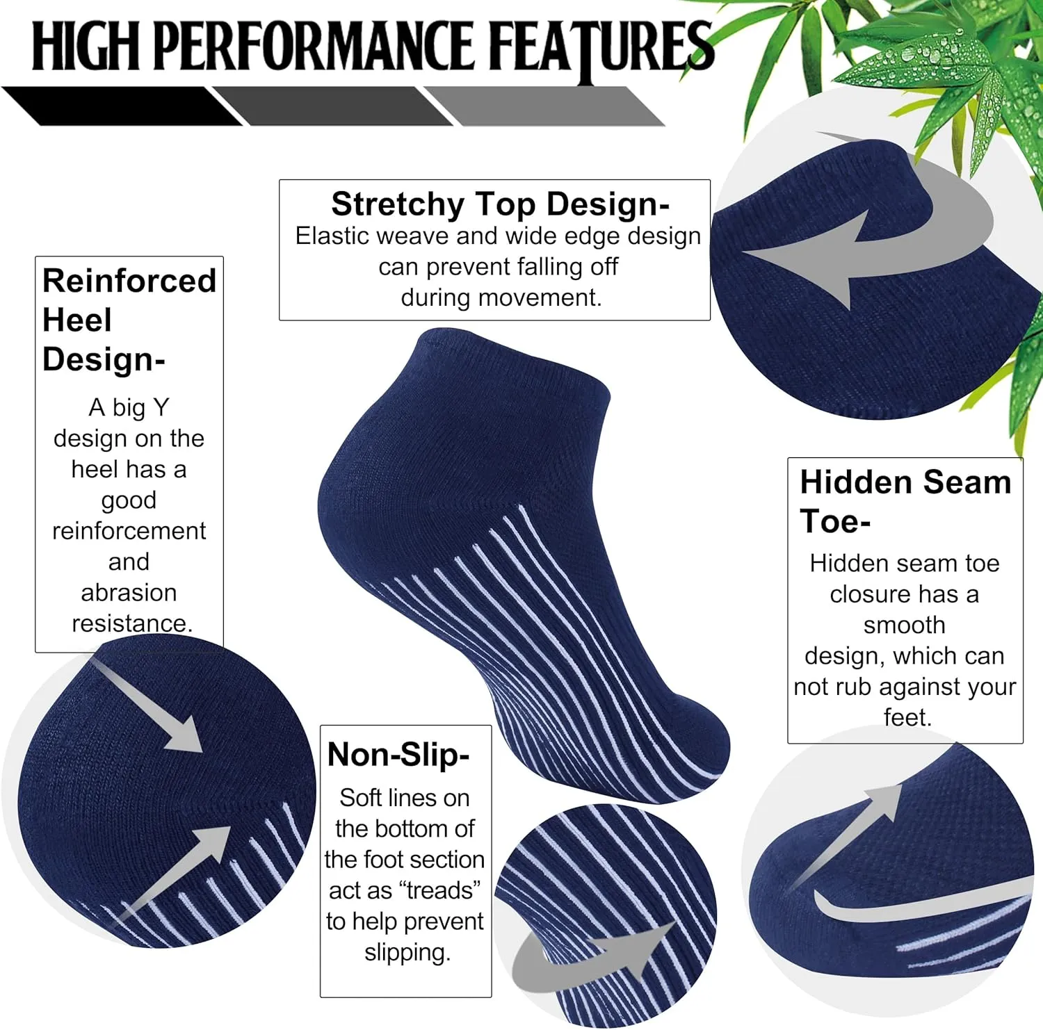 Sunew Viscose Bamboo Socks, Unisex Cushioned Comfortable Ankle Workout Hiking Golf Socks 6 Pairs