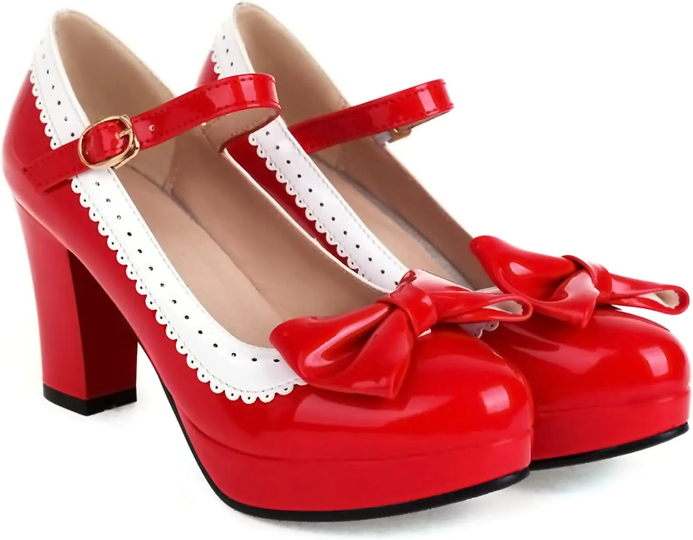 Sungtin Women's Sweet Kawaii Bow Lolita High Heels,Vintage Ankle Buckle Chunky Heels Pumps Mary Jane Platform Shoes