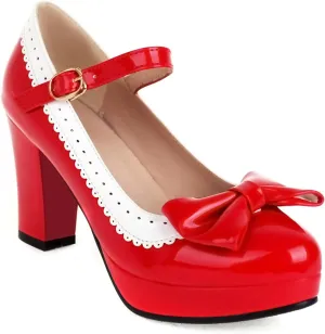 Sungtin Women's Sweet Kawaii Bow Lolita High Heels,Vintage Ankle Buckle Chunky Heels Pumps Mary Jane Platform Shoes
