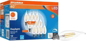 Sylvania Reduced Eye Strain B10 LED Light Bulb, 40W = 4W, 13 Year, Candelabra Base, Dimmable, Clear, 5000K, Daylight - 12 Pack (41230)