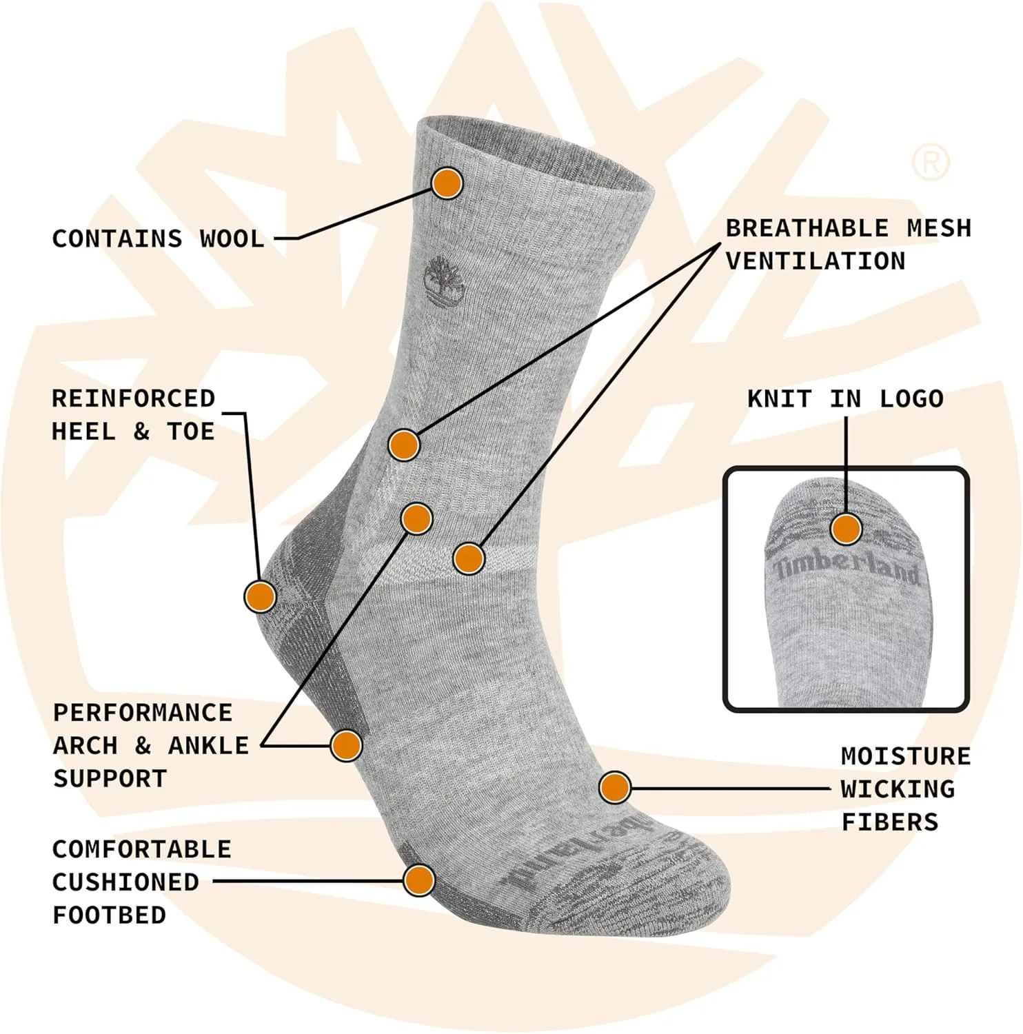 Timberland Men's Hiking, Wool, Winter, Cushioned Crew Socks with Arch Support (Size 7-12, Multiple Colors 3 Pairs)