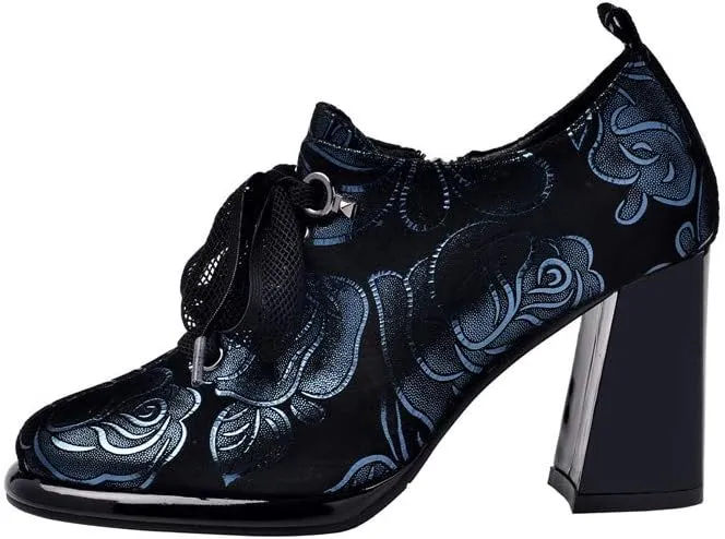 TinaCus Women's Handmade Printed Suede Leather Platform Round Toe Lace Up Side Zip High Chunky Heel Pumps