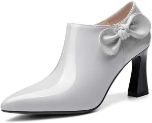 TinaCus Women's Patent Leather Handmade Pointed Toe Side Zip Elegant High Chunky Heel Pumps with Cute Bow