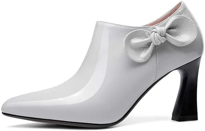 TinaCus Women's Patent Leather Handmade Pointed Toe Side Zip Elegant High Chunky Heel Pumps with Cute Bow
