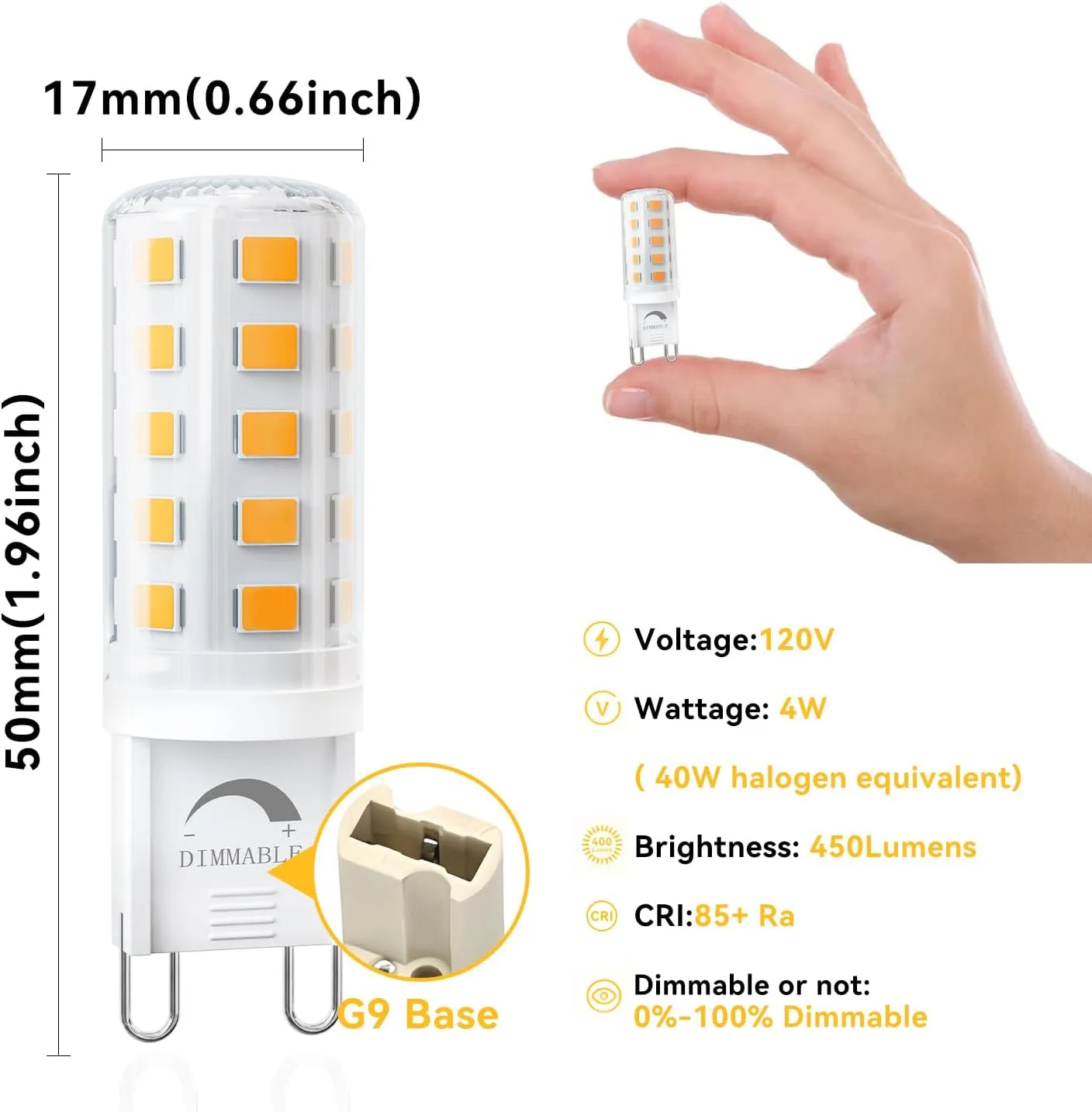 TJOY 12 Pack Dimmable G9 LED Bulb 4W Equivalent 40 Watt, 3000K Soft Warm White, T4 G9 Bi-pin Base Halogen Replacement, G 9 Socket Light Bulb for Chandelier Wall Sconce, 120V No Flicker, 450LM