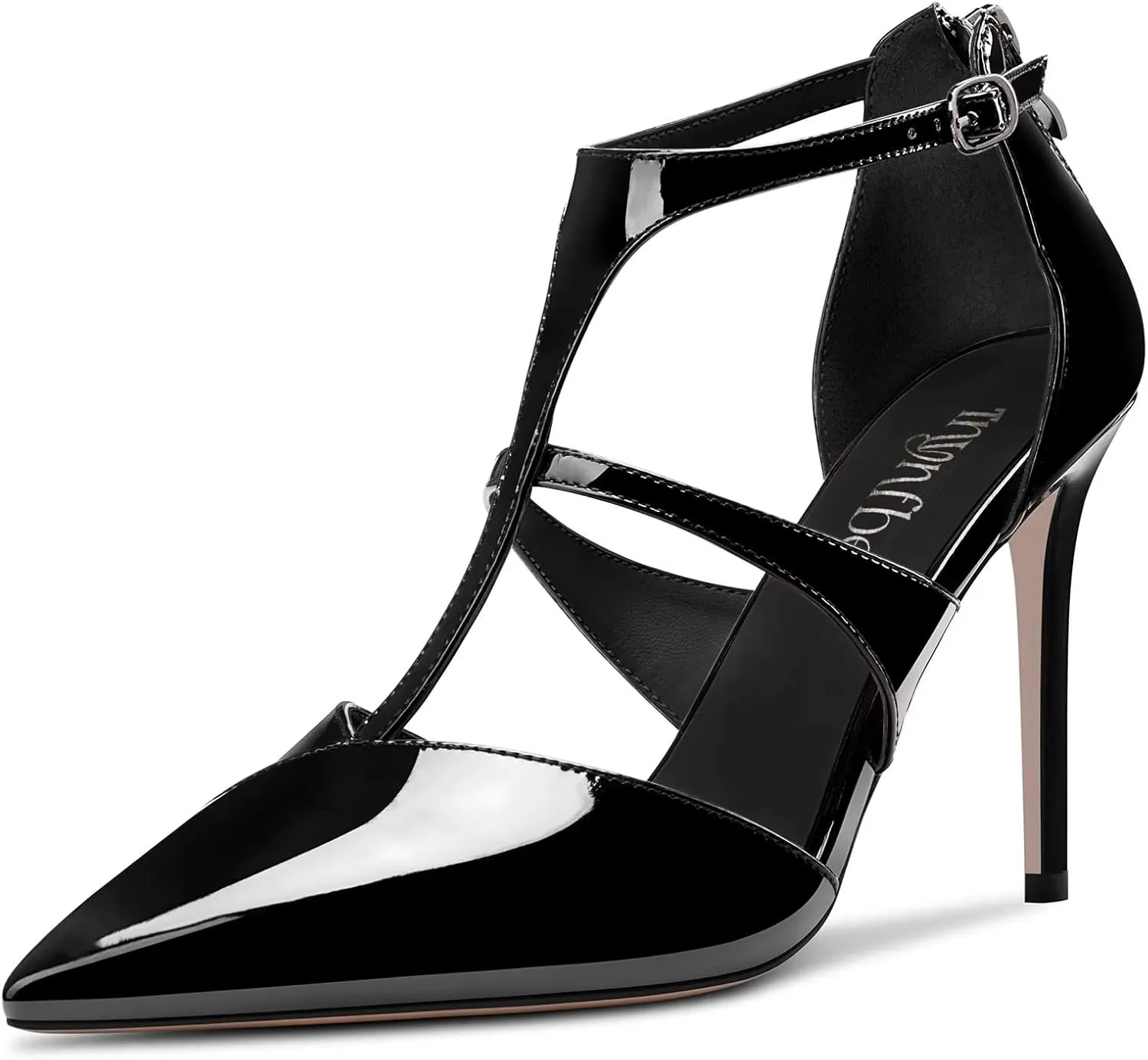 TNYNFBEB Women Stiletto High Heel Close Pointed Toe Pumps T-Strap Zipper Party Office Basic Classic 3.9 Inches Heels