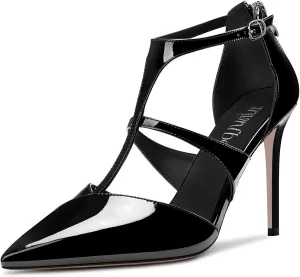 TNYNFBEB Women Stiletto High Heel Close Pointed Toe Pumps T-Strap Zipper Party Office Basic Classic 3.9 Inches Heels