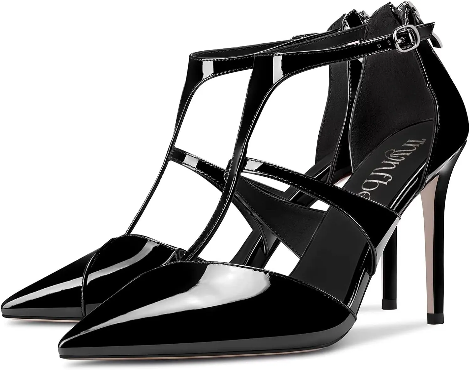 TNYNFBEB Women Stiletto High Heel Close Pointed Toe Pumps T-Strap Zipper Party Office Basic Classic 3.9 Inches Heels