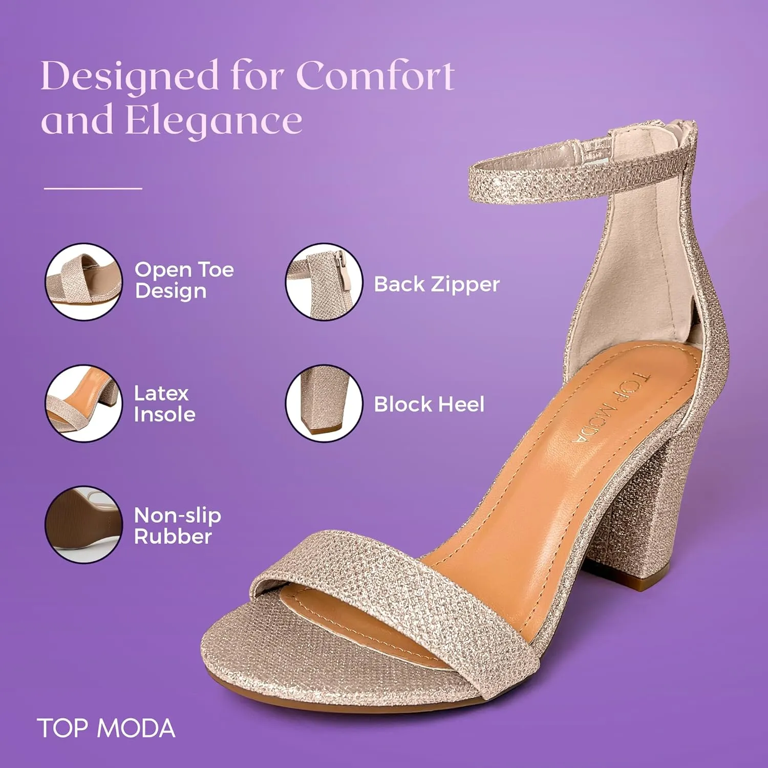 TOP MODA Hannah-1 Ankle Strap Dressy High Heel Sandal, Non-slip Sole, For Wedding, Party, Prom, Evening Wear, or Any Occasion, Sleek Style Block Heel Sandals
