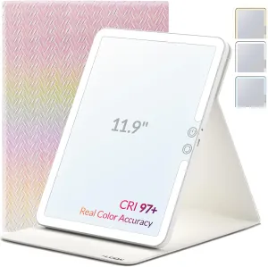 Travel Makeup Mirror with Lights, Portable Lighted Vanity Mirror with 100 LED, Rechargeable, Foldable for Tabletop, 11.9 inches, Rainbow