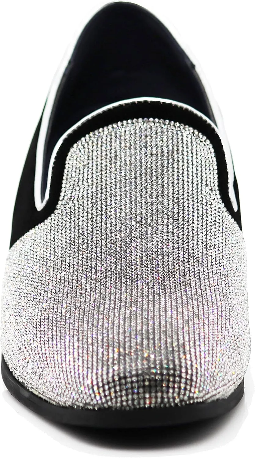 TRS Men Rhinestone Round Toe Suede Chrome Heels Dress Loafer Slip On Fashion Shoes