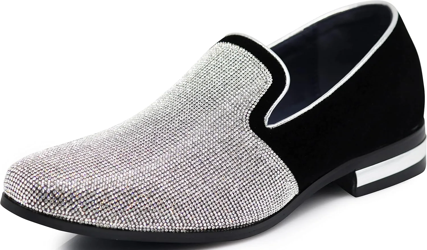 TRS Men Rhinestone Round Toe Suede Chrome Heels Dress Loafer Slip On Fashion Shoes