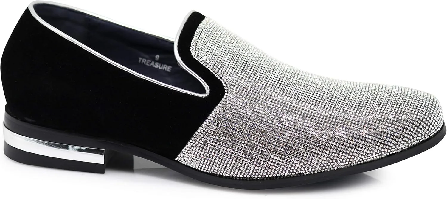 TRS Men Rhinestone Round Toe Suede Chrome Heels Dress Loafer Slip On Fashion Shoes