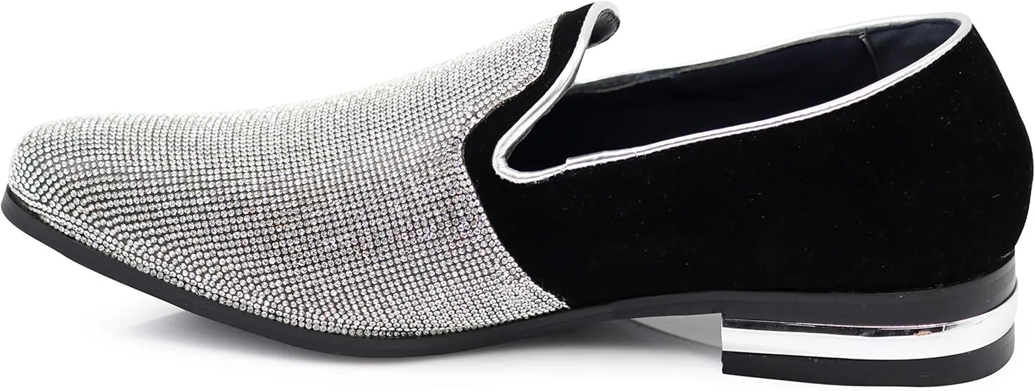 TRS Men Rhinestone Round Toe Suede Chrome Heels Dress Loafer Slip On Fashion Shoes
