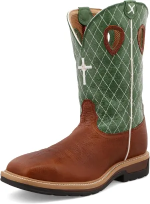 Twisted X Men's 12" Western Work Boot, Square Toe Steel Toe, Cognac Glazed Pebble & Lime, 12 D