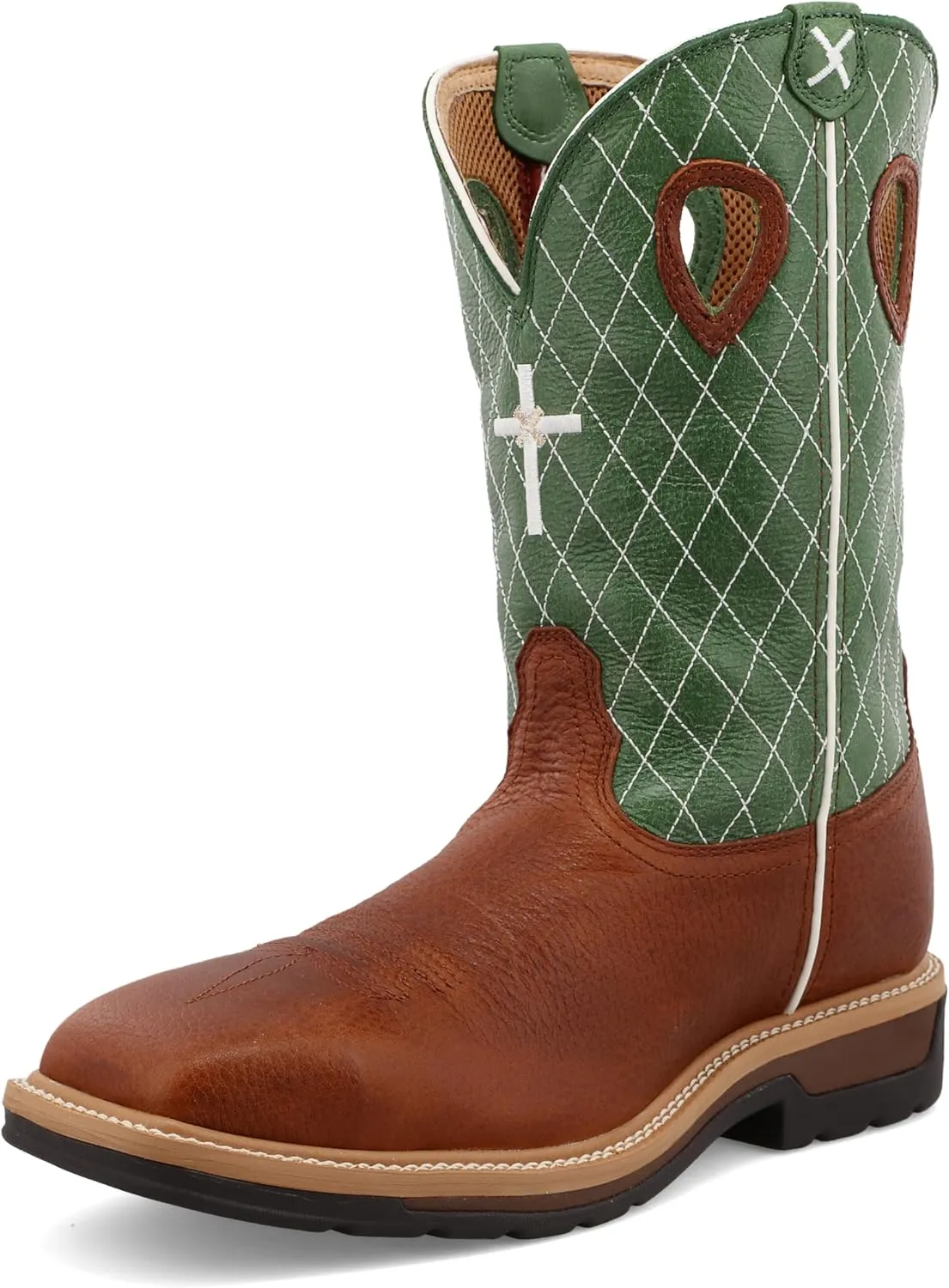 Twisted X Men's 12" Western Work Boot, Square Toe Steel Toe, Cognac Glazed Pebble & Lime, 14 EE