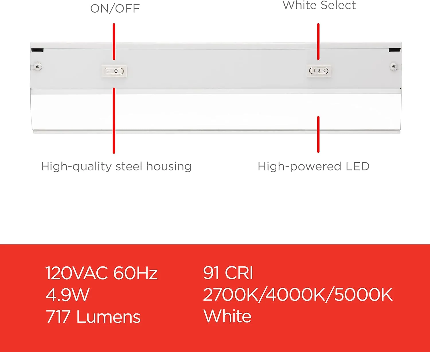 UltraPro 18 inch Hardwired Under Cabinet Lights, 3 Color Settings - 2700K/4000K/5000K - Warm White, Cool White, and Daylight, Under Cabinet Lighting, Dimmable Under Counter Lights for Kitchen, 45367