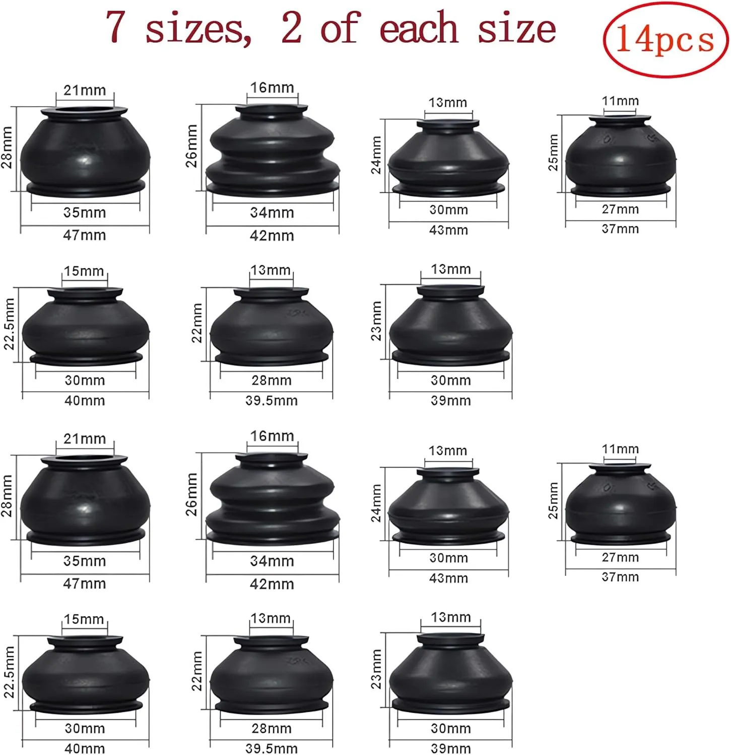 Universal Automotive Replacement Tie Rod End Boot Turn To Rod Arm Ball Joint Head Dust Protection Rubber Cover Track Boot Car Suspension Steering Parts Accessories 14Pcs (7 Sizes x2)