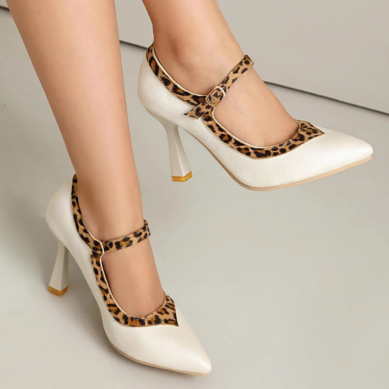 UP2STEP Women High Heel Stiletto Pumps Featuring Bold Leopard Prints | Elegant Mary Jane Strap and Sophisticated Pointed Toe for Fashion-Forward Statements