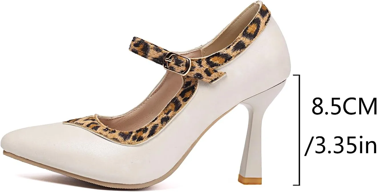 UP2STEP Women High Heel Stiletto Pumps Featuring Bold Leopard Prints | Elegant Mary Jane Strap and Sophisticated Pointed Toe for Fashion-Forward Statements