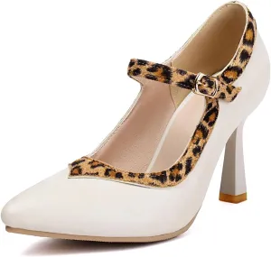UP2STEP Women High Heel Stiletto Pumps Featuring Bold Leopard Prints | Elegant Mary Jane Strap and Sophisticated Pointed Toe for Fashion-Forward Statements