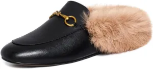 Vertundy Fur Mules with Matal Buckle Slip On Flats for Women Backless Sandals Dress Shoes Work Slides